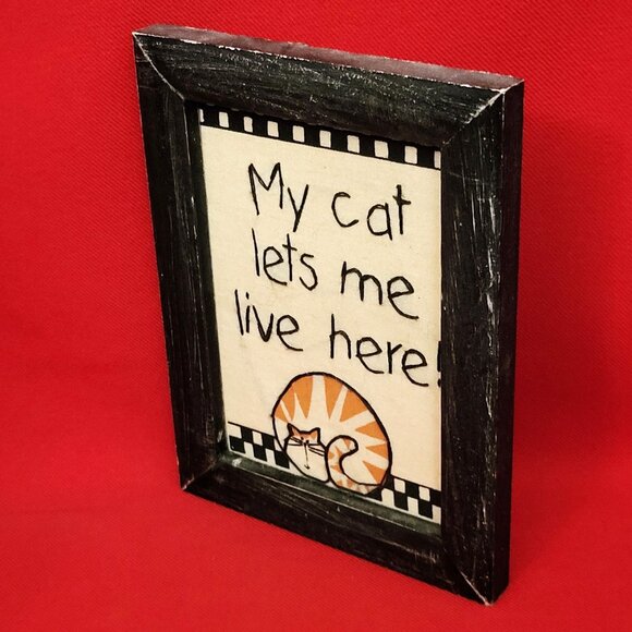 Distressed Framed Art Embroidered My Cat Lets Me Live Here - Picture 7 of 10